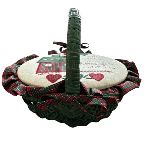 Valorie Stockwell Folk Art Applique Green Red Tartan Christmas Wicker Basket NWT - Picture 6 of 10